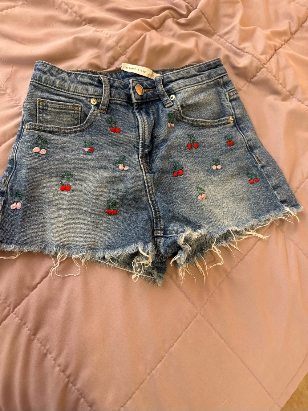 Altar’d State Cherry Embroidered Denim Shorts | High Rise Frayed Hem